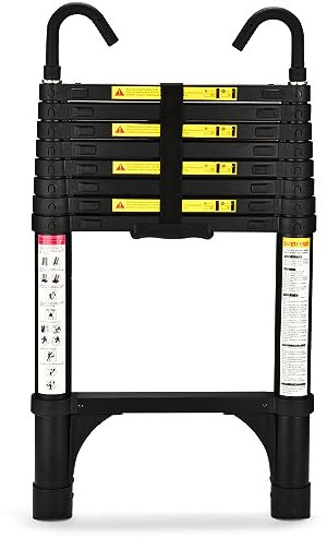 HBTower 2,6m Teleskopleiter Aluminium mit Haken, Leichte Ausziehleiter, Leiter Ausziehbar, klappbare Leiter für Dachböden, Caravans, 150kg Tragfähigkeit, Schwarz