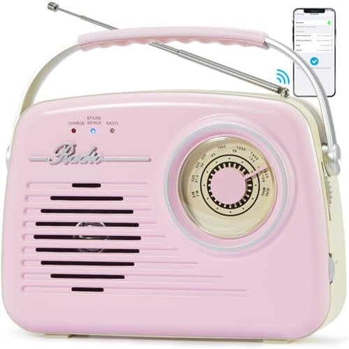 Retro Radio, Small Vintage Portable AM/FM Radios with Bluetooth, Support AUX Input/Headphone Output/SD Card/USB/MP3 Player/for Home/Outdoor/Kitchens/Girls(Pink)
