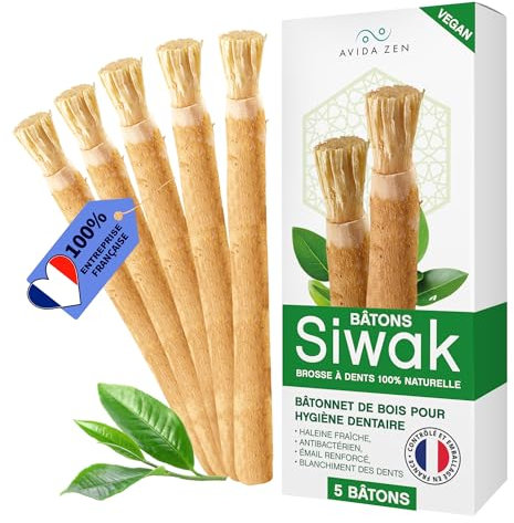 AVIDA ZEN Bâton de Bois de Miswak - Lot de 5 batons de S!wak - Brosse à Dents de Bois Naturelle - Bâtonnets de Bois pour Soins Dentaires - 100% Naturel, Ecologique et Vegan