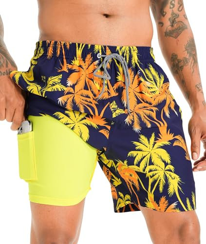 APTRO Herren Badehose Badeshorts Schwimmhose Board Shorts Kurz Schnelltrocknend 2 in 1 Strand Shorts mit Innenhose Mehrfarbig Palmen MK190 L