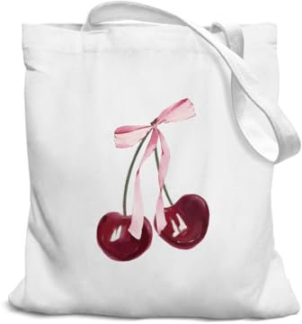 SZERE Tragetasche aus Segeltuch mit rosa Schleife, für Damen, Kokette-Kirschschild, wiederverwendbare Einkaufstasche, Geschenktasche für Arbeit, Reisen, Schultertasche, bestes Geschenk für Liebhaber
