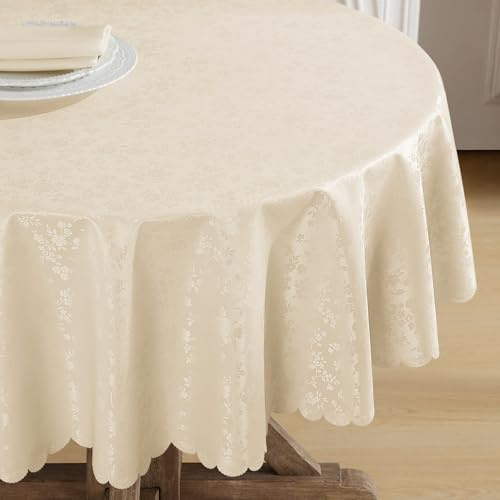 Romanstile Outdoor Wachstuchtischdecke rund 160 Tischdecke wetterfest abwischbar beige 350GSM Vinyl,Plastik Table Cloth wasserdicht für Party,Garten,Balkon,Gartentisch,Couchtisch,Draußen,Frühling
