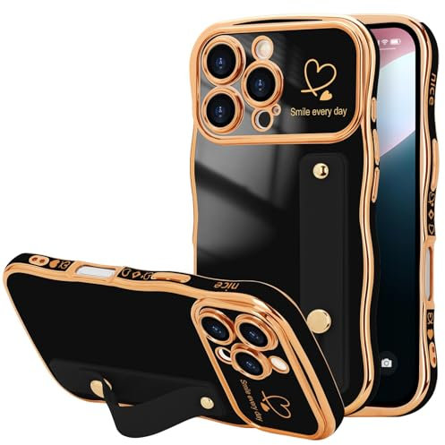 LLZ.COQUE for iPhone 16 Pro Case, Luxury Plating Love-Heart Wave Frame Shape Design, Adjustable Hand Strap Stand Cover, Shockproof Bumper Girls Women Phone Case for iPhone 16 Pro, Black