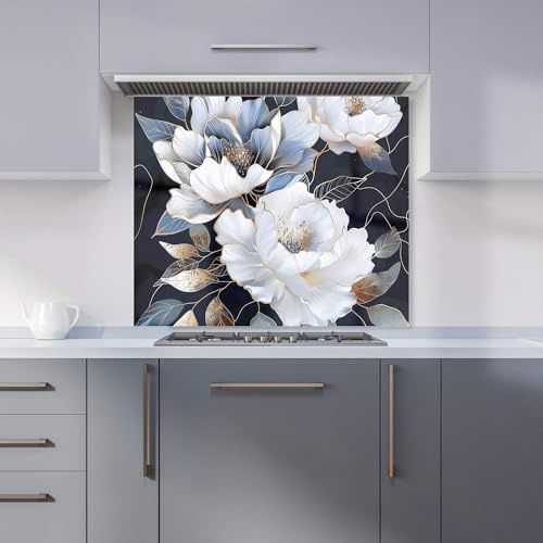 Premium Elegant Floral Symphony in Blue and Gold Kitchen Splashback 6mm Toughened Glass Kitchen Splashback – Heat Resistant Splashback for Kitchens, Perfect for Cookers and Hobs, Polished Edges