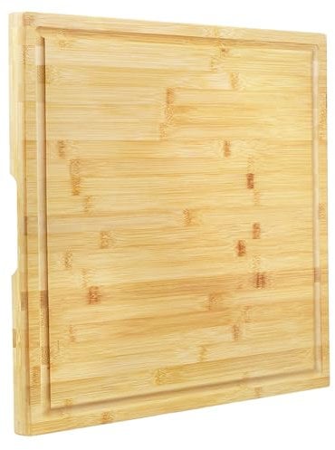 Utoplike Planche à découper en bambou 50.7 x 50.7 x 2.5 cm Grande planche à découper en bois pour cuisine, viande, légumes, barbecue, bloc de boucher carré avec rainure à jus et poignée