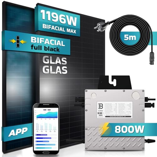 SUNNIVA 1196W Balkonkraftwerk 800W komplett Steckdose - Beny 800W Wechselrichter - PV Solaranlage Komplettset - 2x 460W BIFAZIAL FULL BLACK Glas/Glas Solarmodule - inkl. 5m Kabel
