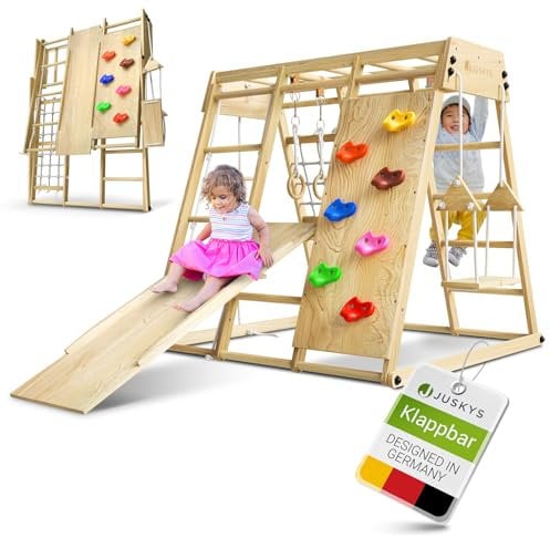 Juskys Maxi Klettergerüst für Kinder - Indoor Spielplatz mit Rutsche, Kletterwand, Kletternetz & Schaukel - Holz Kletterturm klappbar - Natur