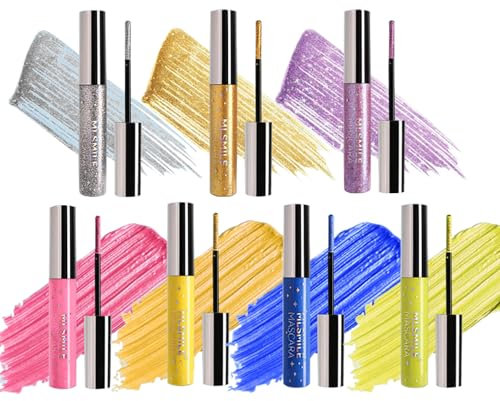 MKNZOME Mascara Colorato, 7 Colori Mascara Glitter Colorati Blu Viola Rosa, Volumizzante e Allungante Waterproof, Lunga Tenuta, Regalo