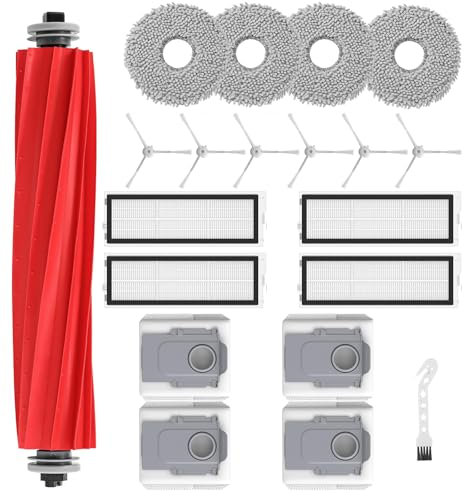 20 Stück Zubehörset Kompatibel mit Roborock Qrevo Pro/Qrevo S/Qrevo MaxV – 1 Hauptbürste, 6 Seitenbürsten, 4 Staubbeutel, 4 Wischtücher, 4 HEPA Filter, 1 Reinigungsbürste