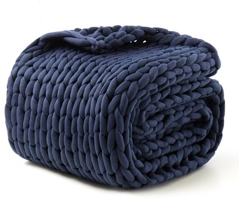 Goodhipi Handgestrickte gewichtete Decke für Erwachsene, Geschenke für Geburtstagsgeschenke für Frauen, Grobstrickdecke, kühlend, atmungsaktiv, nachhaltig, maschinenwaschbar, Bio-Baumwolle (Blau