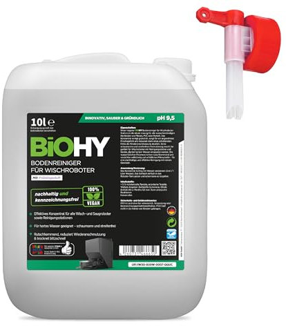 BiOHY Nettoyeur de sol pour robot laveur Station avec parfum printanier (bidon de 10 litres) + robinet d'écoulement | Nettoyant concentré pour tous les nettoyeurs et robots aspirateurs avec fonction