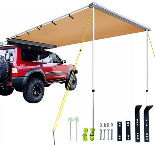 Seitenmarkise fürs Auto, ausziehbare, einziehbare Fahrzeugmarkise, wasserdicht, UV50+, Teleskopstangen, Anhänger Sonnenschutz, Dachzelt mit Tragetasche für Jeep, SUV, LKW, Van, Outdoor, Camping, Rei