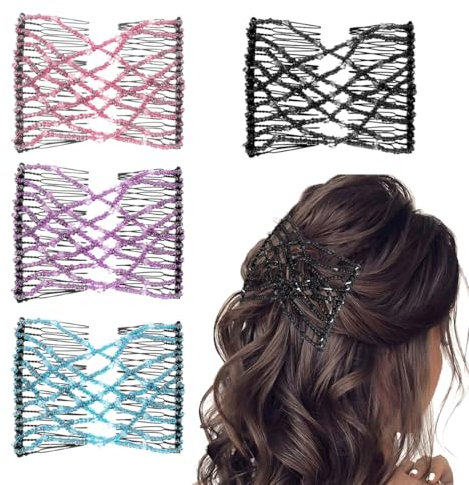 KUMSODE 4 Stück Magischer Haarkämme, Perlen-Haarkämme, Perlen Haarspange Haarkamm, Elegante Haarkamm-Clips, Dehnbare Haarspange Haarkamm, für Dicke Dünne Haare DIY Damen Mädchen