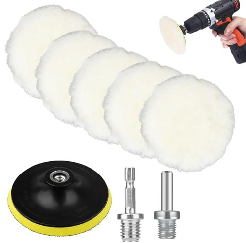 8 Pcs 5 Inch (125mm) Wool Polishing Buffing Pads Set, Car Polisher Buffer Drill Attachment with M14 Drill Adapter and Hex Shank Bit Adapter, for Car Polishing and Waxing, Painting Tabletops