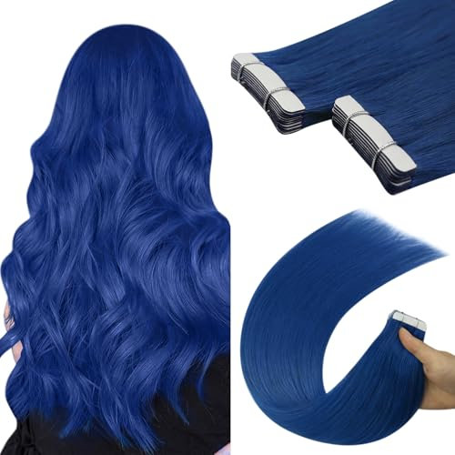YoungSee Tape in Hair Extensions Blue Tape on Hair Extensions Human Hair Blue Colored Hair 22In 25G 10Pcs