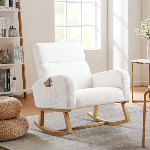 HULUWA Schaukelstuhl Moderner,Schaukelsessel Bequemer Sessel mit Seitentasche,Wohnzimmer-Lounge-Sessel mit hoher Rückenlehne bis 136 kg belastbar Weiß Lounge Chair fürs Wohnzimmer Schlafzimmer Balkon