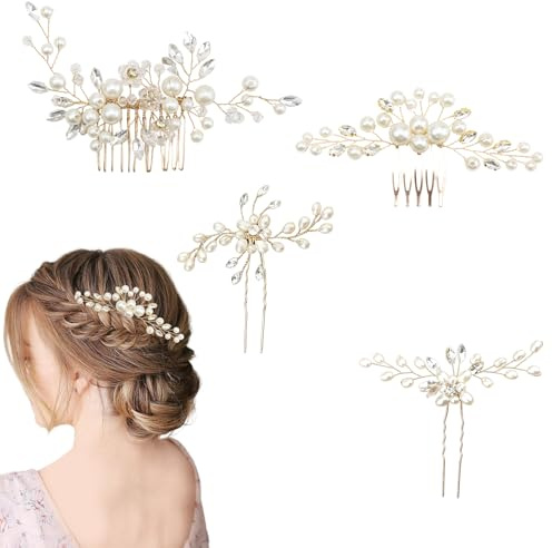 PARFCO 4 Stück Braut Haarschmuck, Künstliche Perlen und Strasssteine Kopfschmuck Hochzeit, 4 Designs Haarkamm Hochzeit, Exquisite Brautschmuck Haare, für Hochzeit, Zeremonie, Party