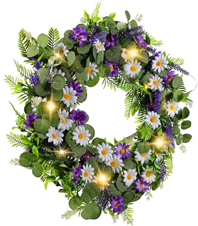 TOGEVAL Künstlicher Lavendelkranz mit LED Kunststoff Realistische Textur Einfache Montage Frühlings und Sommerdeko für Haustür und Wohnraum im Romantischen Design