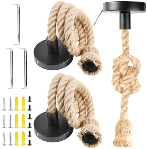 Behogan 3 Stück Hanfseil Lampe: 100 cm Eisen Lampenschirm, LED geeignet, Retro Hanfseil Kronleuchter, Pendelleuchte Vintage, für Küche Cafe Bar Lager Bauernhof, Original Holzfarbe (Ohne Birne)
