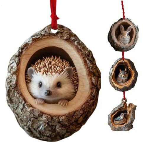 4 Stück Tier-Weihnachtsbaumschmuck, 9 cm, 2D-Acryl-Anhänger, Eichhörnchen, Igel, Hase, hängende Dekoration, für Heimdekoration