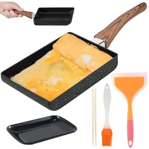 Japanese Nonstick Omelette Egg Pan,Square Egg Pan Set, Roll with Detachable Handle Egg Pan for Oven Cooking Kitchen Frying Pan (35x14.5cm)