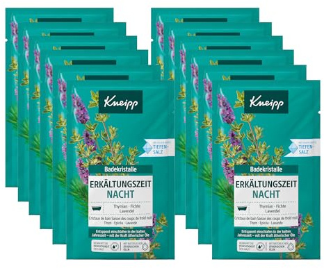 Kneipp Bath Crystals Cold Time Night - with Essential Oils of Lavender, Thyme & Spruce - Relaxed Fall Asleep in Cold Seasons - 12 x 60 g