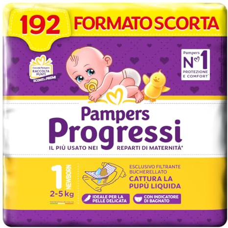 Pampers Progressi Newborn, Taglia 1 (2-5 kg), 192 Pannolini Neonato | Formato Scorta, Indicatore di Bagnato, Pelli Delicate, Linguette Rinforzate, Anti-Fuoriuscite, 500 Punti Omaggio