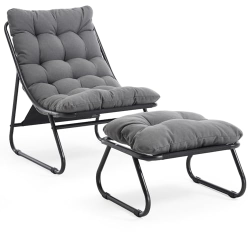 Loungesessel mit Ottoman, Liegestuhl & Relaxsessel aus Stahl, mit separatem Kissen und rutschfesten Fußpolstern – Outdoor Gartenstuhl für Entspannung im Freien, Garten & Balkon (Grau, Polyester)