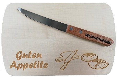 Die Geschenke Manufaktur Frühstücksbrettchen personalisisert mit Gravur in Holz | Wunschnamen auf Brotmesser | individuelles Vesperbrett Guten Appetite | Brettchen aus Holz individuelle