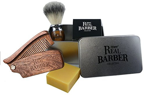 Fitters Real Barber Rasier Kit: Mit hochwertigem Rasierpinsel (vegan), Bart- und Rasierseife 50 g und edlem Bartkamm aus Holz des Santalum-Baumes