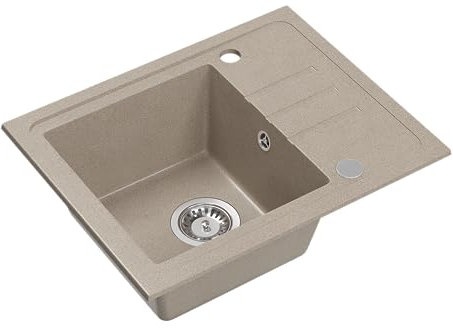 VBChome Spülbecken Granit Beige 55 x 44 cm Einzelbecken Einbauspüle Gesprenkelt Reversibel Küche Küchenspüle Granitspüle Siphon Waschbecken Beige Spülbecken