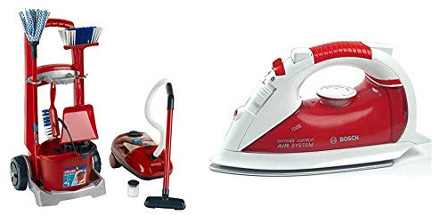 Theo Klein 6742 Vileda Besenwagen I Ausgestattet mit Besen, Wischmop, Eimer und vielem mehr I 29 cm x 24 cm x 60 cm & 6254 - Bosch Bügeleisen, Spielzeug