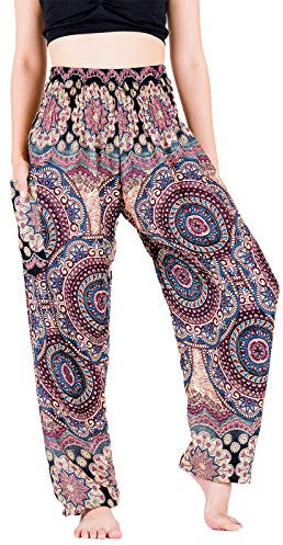 Lofbaz Yoga Boho Hosen für Damen Harem Hippie Kleidung Pyjamas Lounge Bekleidung Jogger Indian Bohemian Tanz Sommer Strand Blühende Blume Schwarz XL
