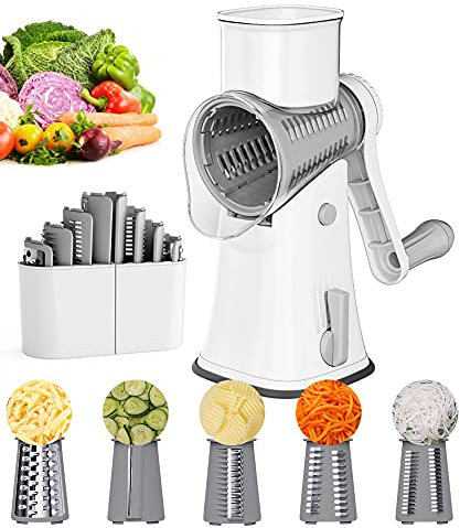 Ourokhome Rotary Cheese Grater Shredder, Multifunction 5 in 1 Kitchen Manual Speed Round Mandolin Food Slicer Vegetable Shooter Potato Hashbrown Grinder for Nut, Carrot, Radish, Cucumber, White
