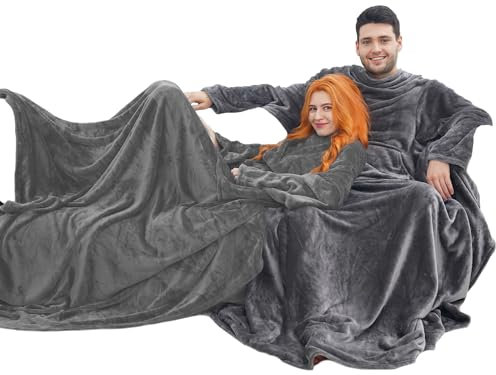 BataManta Mujer Polar Hombre Otoño Invierno, Manta con Mangas y Bolsillos Frontal, Blanket de Tejido Felpa Suave y Acogedor - 170X200CM - Gris Claro