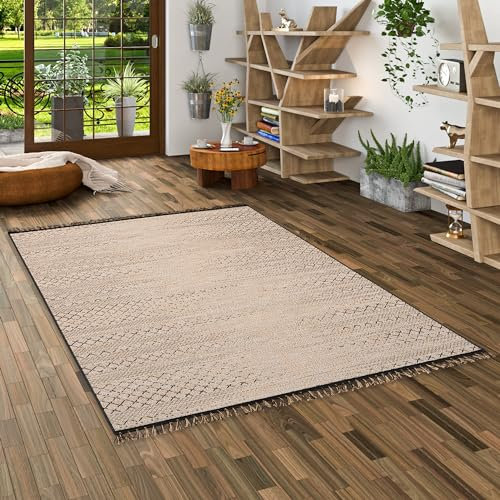 Teppich Kurzflor Flachgewebe mit Fransen Jute Natur Ethno Style Teppich Origin Beige Schwarz Verlauf in 5 Größen