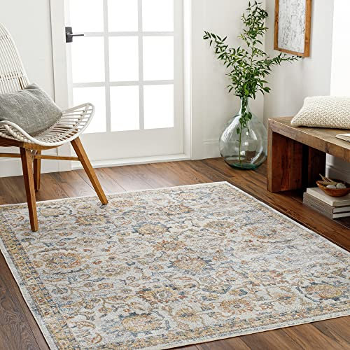 Livabliss Doha Teppich waschbar in der Waschmaschine - Vintage Teppich waschbar für Wohnzimmer 160x213 cm, Schlafzimmer, Küche - Orientalischer Boho Teppiche, Teppich Groß in Elfenbein, Grau, Blau
