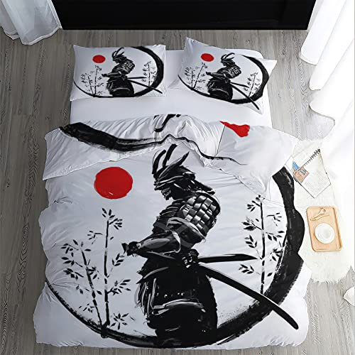 WQIZXCW Japanische Bettwäsche 135x200, Samurai Asiatische Motive Microfaser Bettbezug Set 2 Teilig - Weich & Angenehm & Atmungsaktiv, 1 Bettbezüge mit Reißverschluss + 1 Kissenbezug 80x80 cm