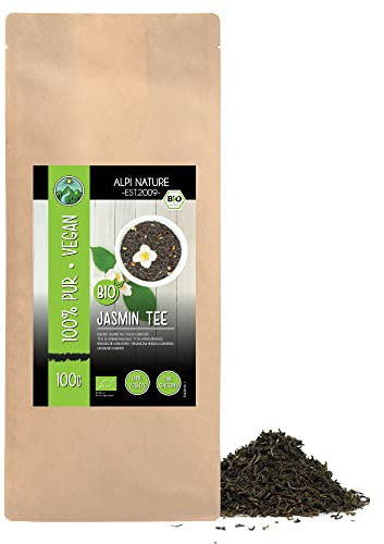 Alpi Nature Jasmintee BIO 100g, Jasmin Blüten getrocknet, Grüner Tee bio mit Jasminblüten, natürlich koffeinhaltig