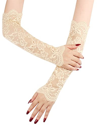 UV Protection Lace Arm Sleeves, Women's Floral Long Lace Gloves Hollow Out Sunscreen Gloves Fingerless Gloves for Halloween Wedding Tea Party Driving Riding