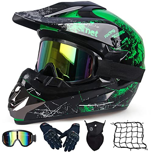 WYXAXNM Green-S - Casco da motocross, per bambini, per motocross, downhill, set completo con occhiali protettivi, maschera, guanti a rete, certificato DOT S-XL (52-59 cm)
