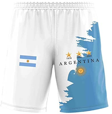 YuanDiann Herren Argentinien Gewinnt Gedenk Shorts 3-Sterne Flaggendruck Sport Freizeit Running 2022 Fußballweltmeisterschaft Atmungsaktiv Fussball Fan Kurz Hose 1# XL