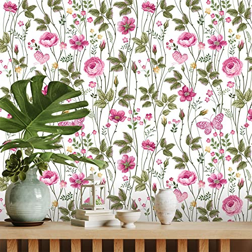 CRE8TIVE Rosa Blumen-Tapete für Schlafzimmer, 61 x 299,7 cm, Schmetterling, Rose, zum Abziehen und Aufkleben, Blattfloral-Kontaktpapier, selbstklebend, entfernbar, Vinyl-Wandpapier für Mädchenzimmer,