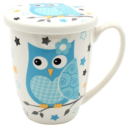 Dekohelden24 Tasse à thé en céramique avec infuseur en métal et couvercle Motif chouettes bleues et étoiles Dimensions (H x Ø env. 11 x 8 cm) Capacité env. 250 ml