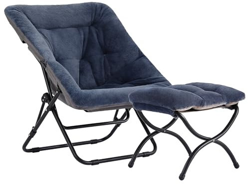 Welnow Comfy Saucer Chair with Ottoman, Oversized Folding Faux Fur Chair Soft Furry Lounge Lazy Chair with Metal Frame Moon Chair Accent Chair for Bedroom, Living Room, Dorm Rooms, Navy