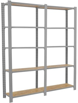 SimonRack Metallregal, 5 Regalböden, Holz, hohe Tragfähigkeit 200 kg, 2100 x 1600 x 300 mm, Regal für Büro, Grau/Holz Osb