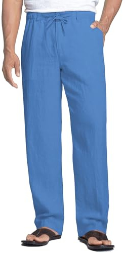 COOFANDY Trousers for Men Linen Casual Summer Trousers with Pockets Lightweight Beach Pants Big and Tall Mens Linen Pants Solid Color Breathable Clear Blue XL