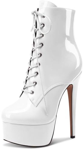 NobleOnly Donna Spillo Alto High Piattaforma Tacco Heel Rotonda Punta Lacci Cerniera Ballo Stivaletti 15 CM Heels Bianco 39 EU