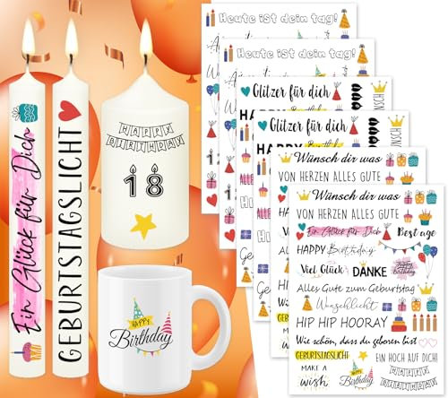 Tixlux 6 PCS Kerzentattoo Geburtstag (200+ Muster), Wasserschiebefolie kerzen | Kerzenaufkleber | Kerzen dekorieren | Gedenklicht | Geburtstagskerze (GeburtstagⅡ))
