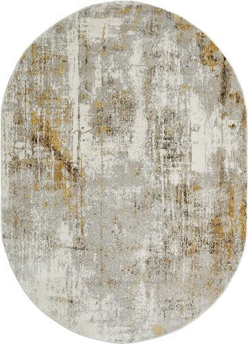 -LUXOR- living Teppich Molinos moderner Kurzflorteppich, abstraktes Muster, für das Wohnzimmer, Schlafzimmer, Grau-Gelb 160 x 230 cm oval